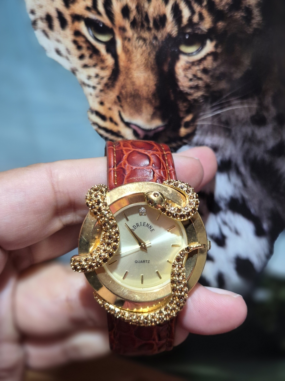 Real Collectibles by Adrienne Gold Dial Watch with Red-Brown Croc Strap